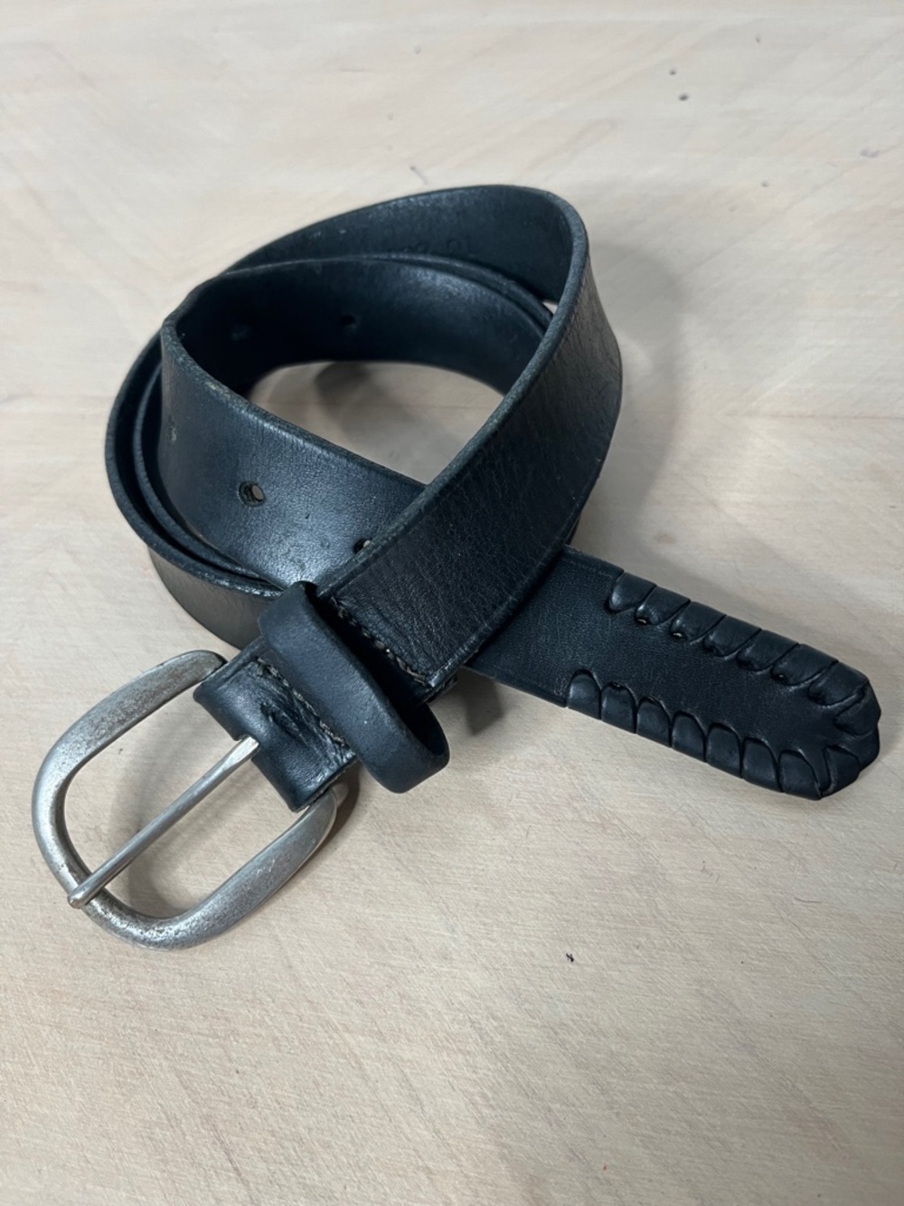 Christian Dior Men's Black Leather Belt with Braided Tip and Silver Buckle 38